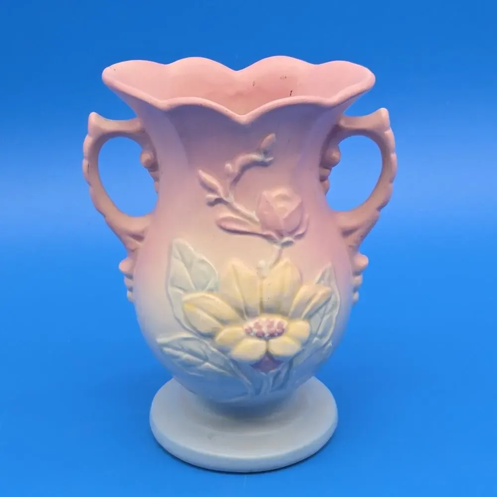 Hull Art Pottery Magnolia Vase 6.25” Matte Pink Blue Double Handle USA 1940s